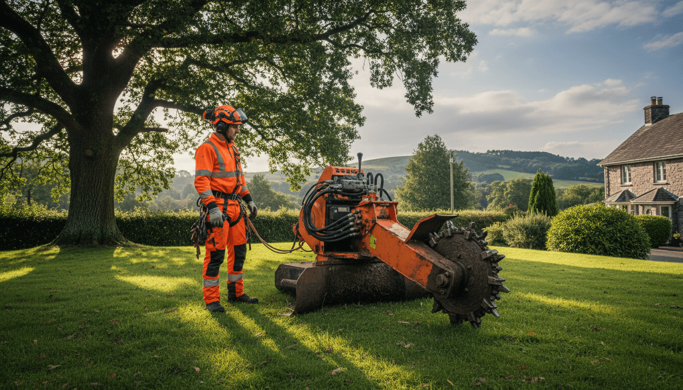 Tree surgeon standing next to a stump grinder in a residential garden in Aberystwyth