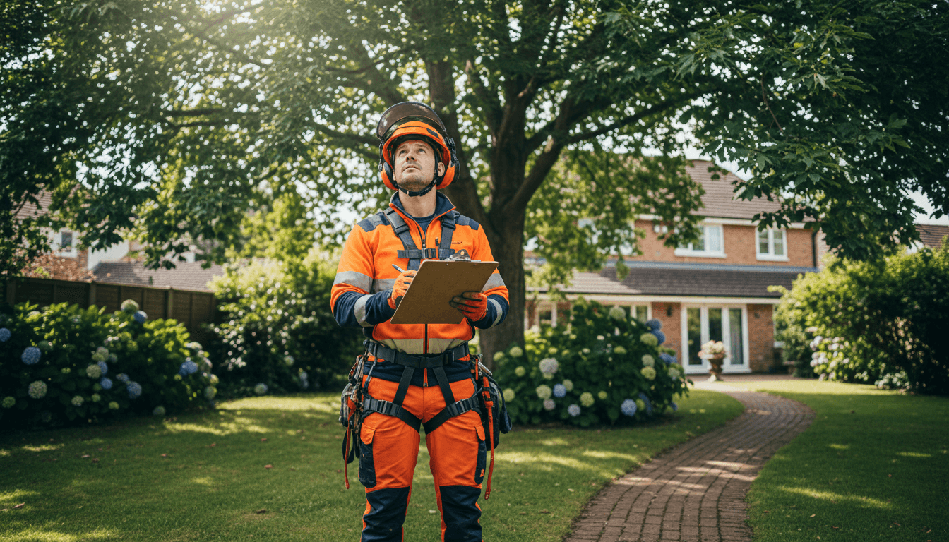 Tree surgeon assessing an ash tree with a clipboard in a garden
