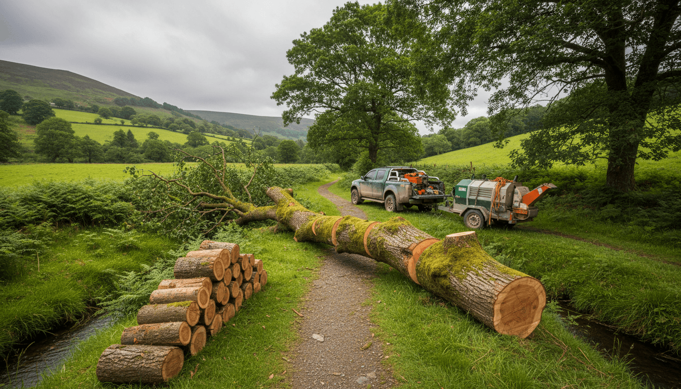 Cleared fallen tree sections stacked beside a rural footpath