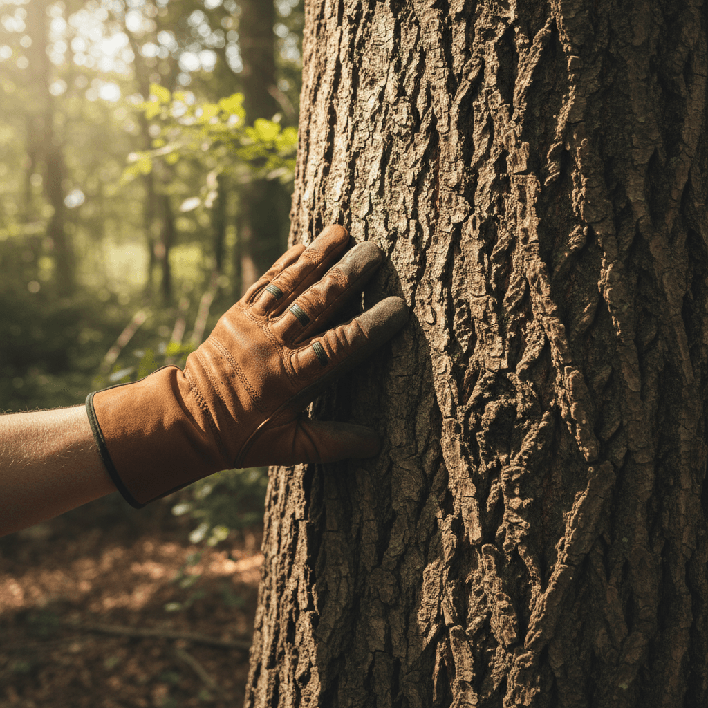 Tree surgeon inspecting an ash tree trunk for signs of dieback