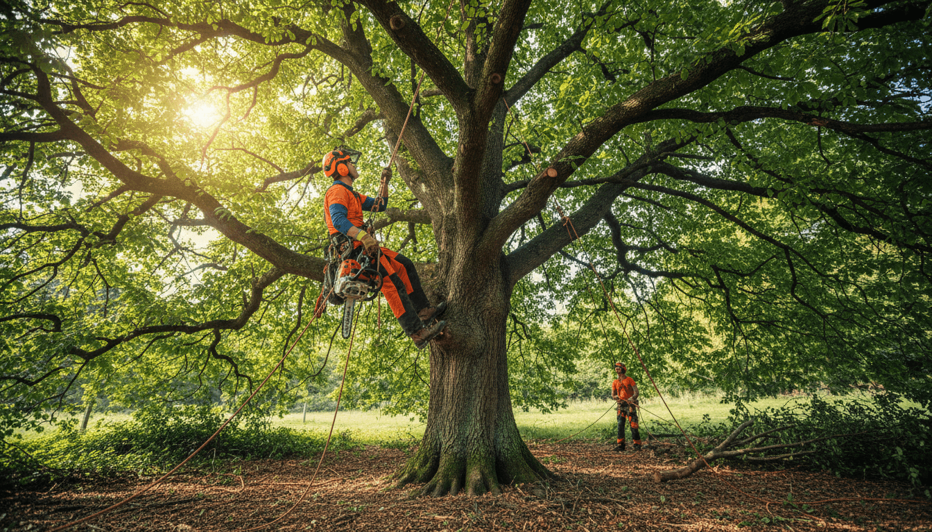 Tree surgeon climbing an ash tree to perform a crown reduction