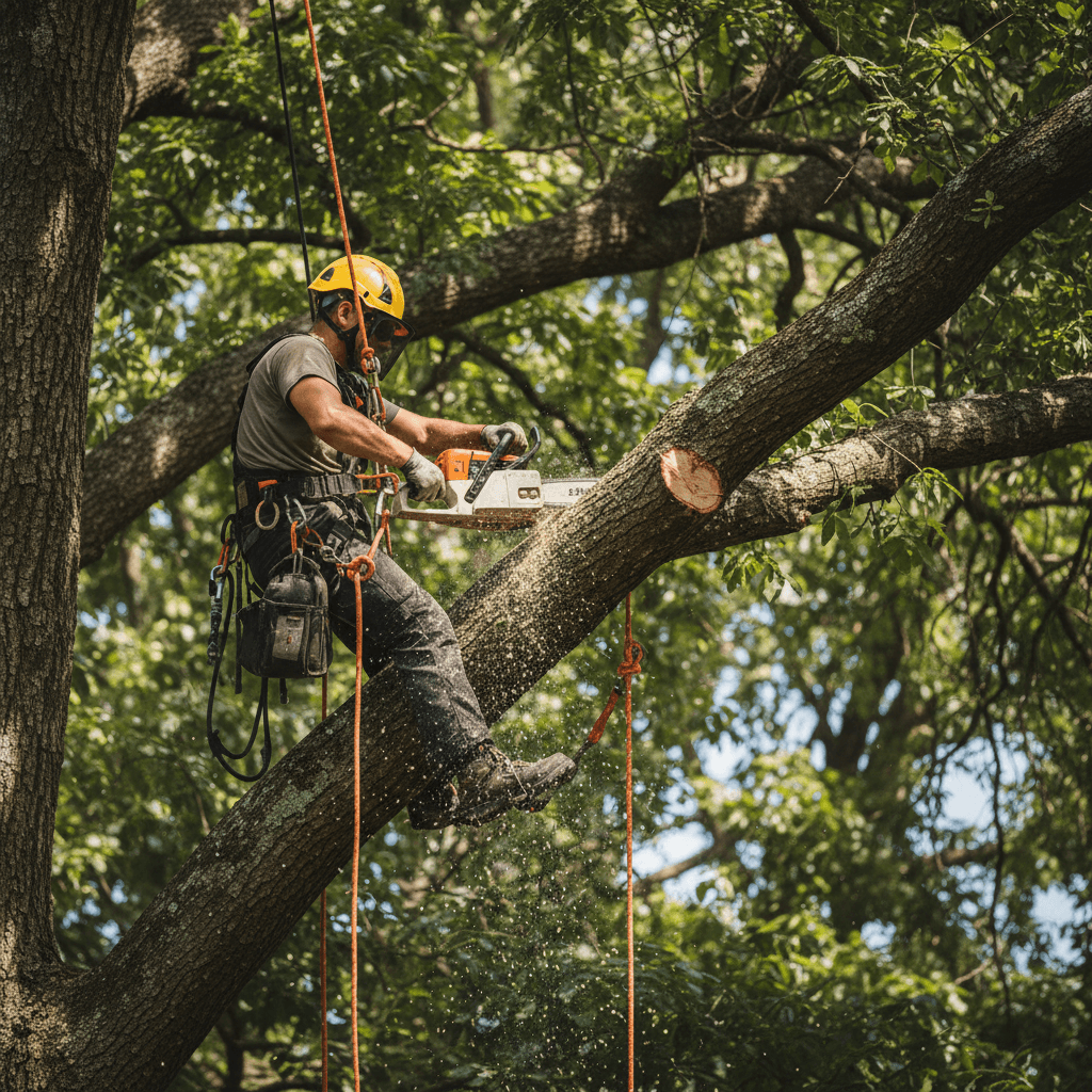 Tree surgeon making a controlled cut on a large limb