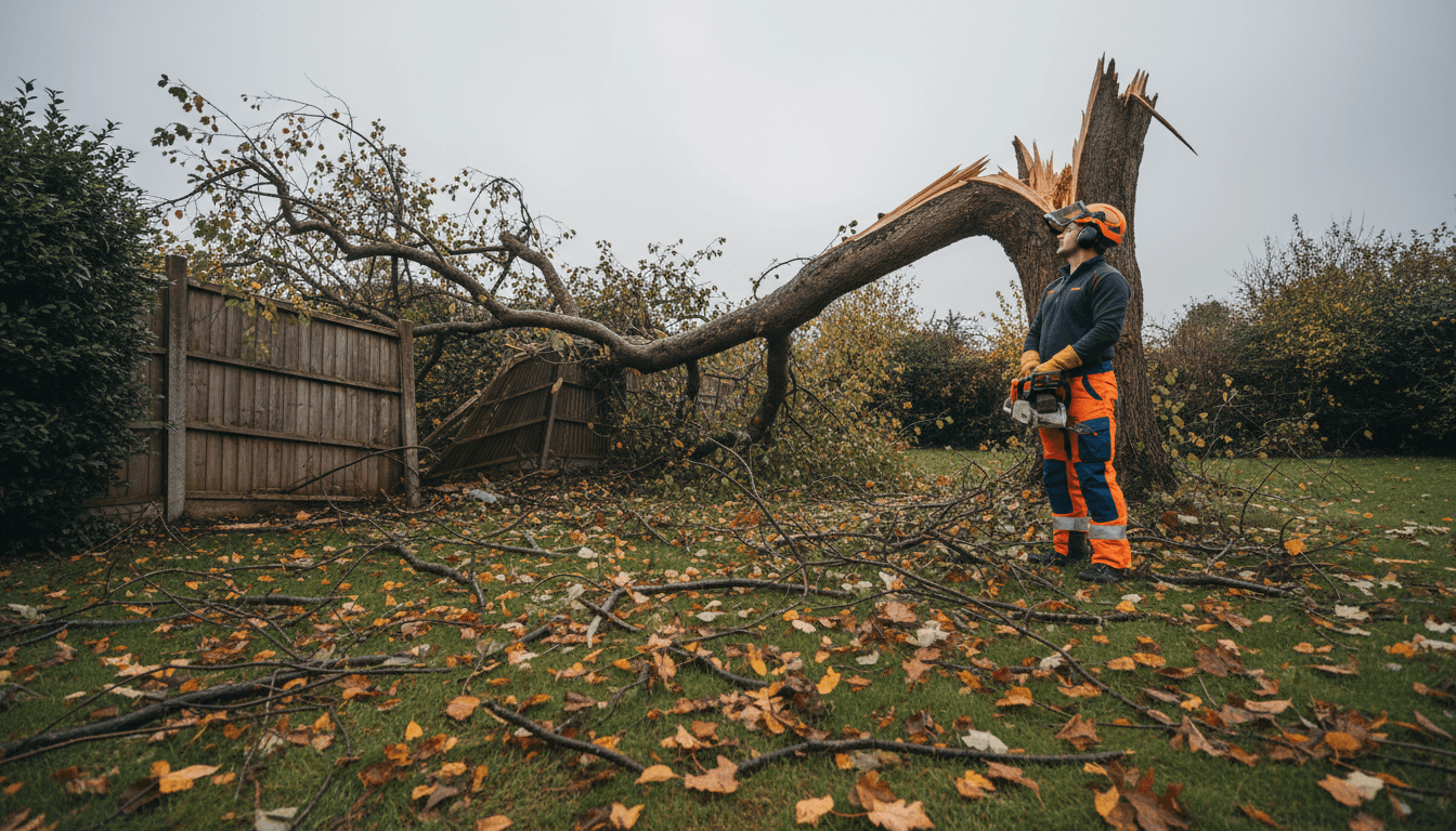 Tree surgeon assessing a fallen branch after a storm