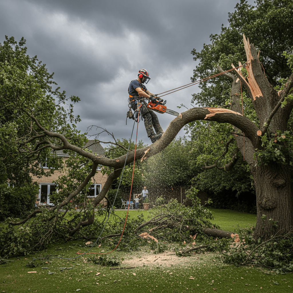 Tree surgeon cutting a storm damaged branch in a residential garden
