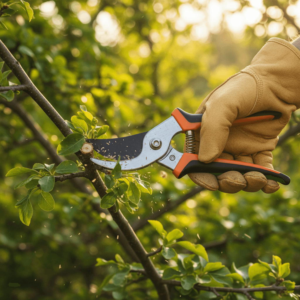 Close up of gloved hand cutting a dead branch from a healthy oak canopy