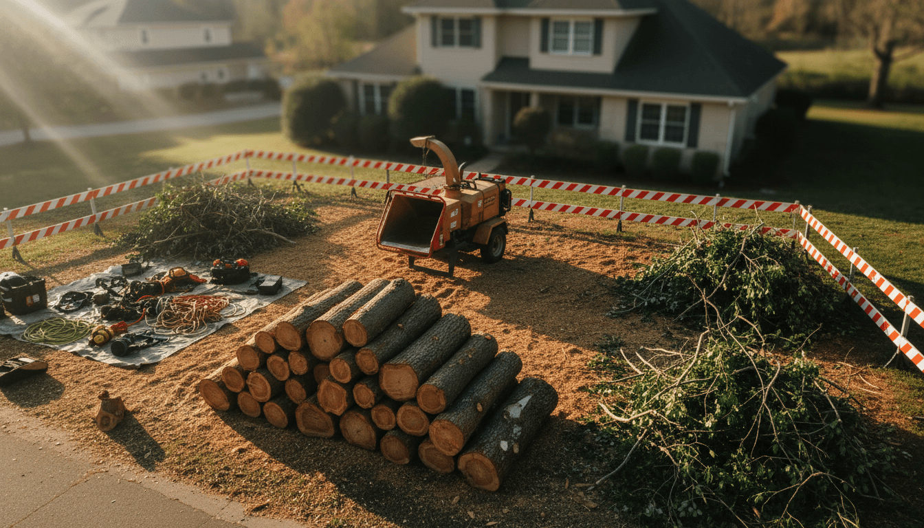 Tree surgeon standing by a stump grinder with stacked logs in a garden