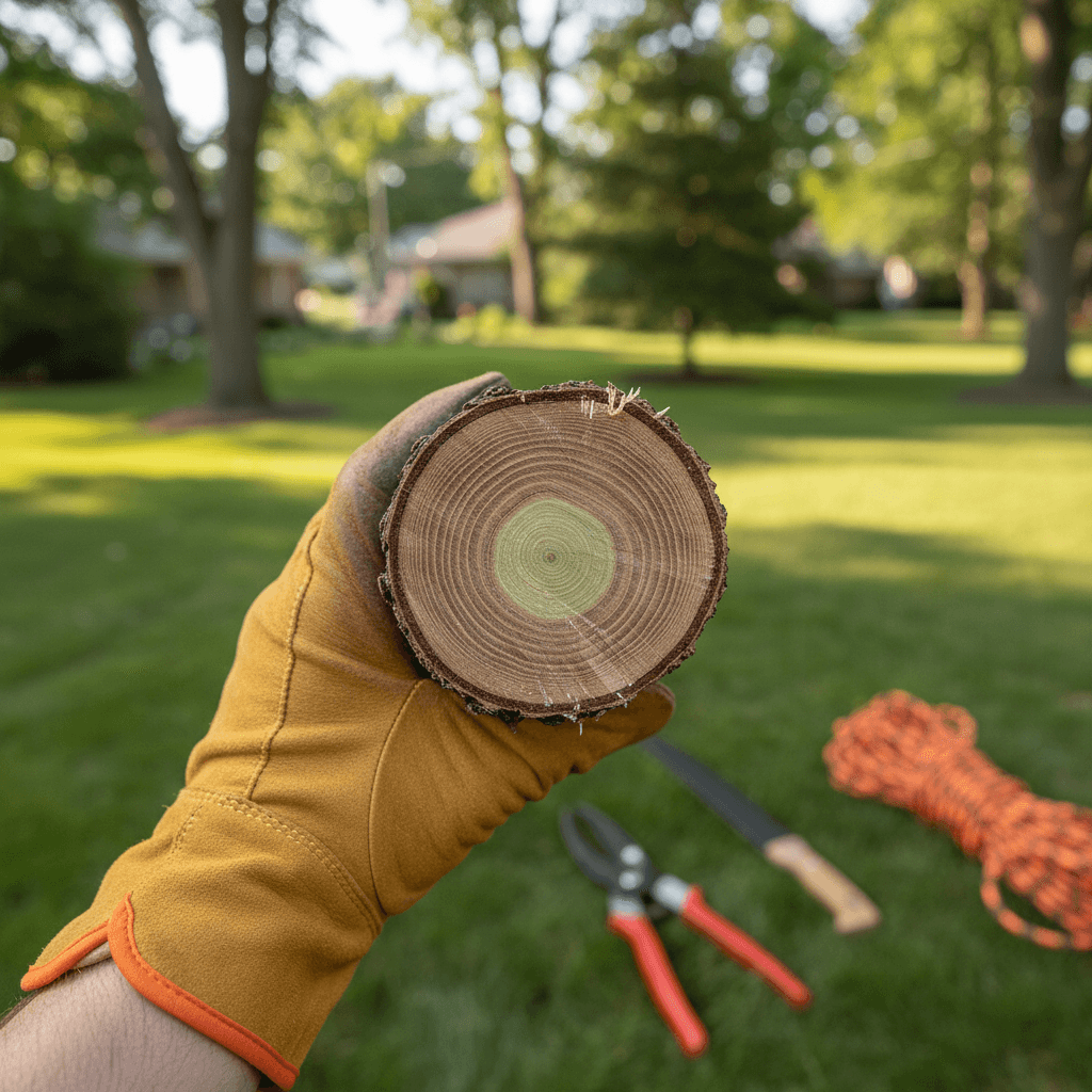 Before and after view of a carefully reduced sycamore tree in a garden