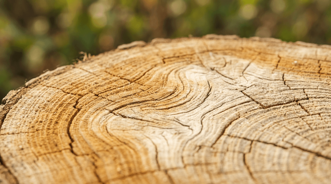 Freshly cut tree stump with wood chips in a garden