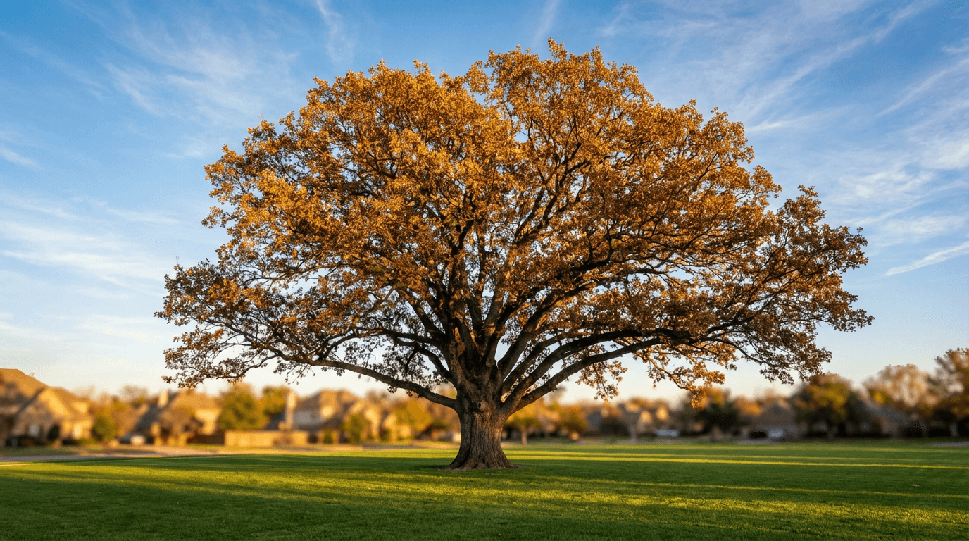 Mature oak tree after crown reduction with clear sky and hills in background
