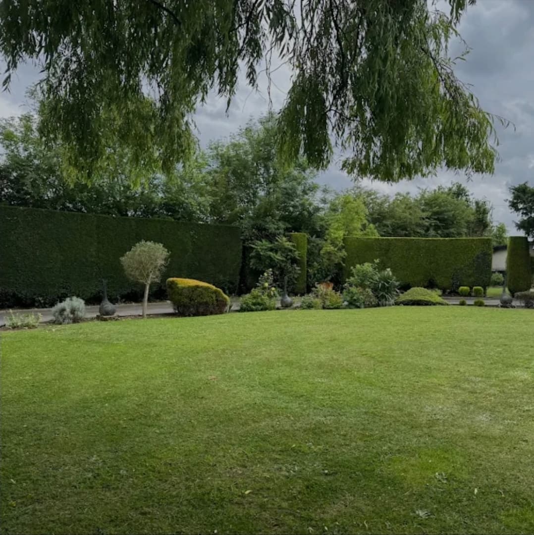 Lush green lawn bordered by tall manicured hedges and shrubs under a cloudy sky.